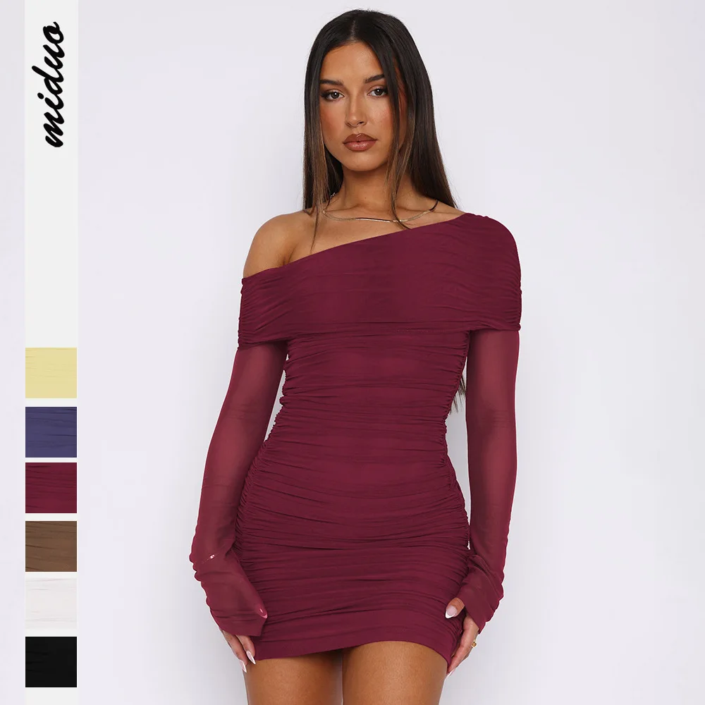 

2025 Women's Sexy Dress Long Sleeve Slim Pleated Mesh Thin Date Hot Girl Party Birthday Mini Skirt