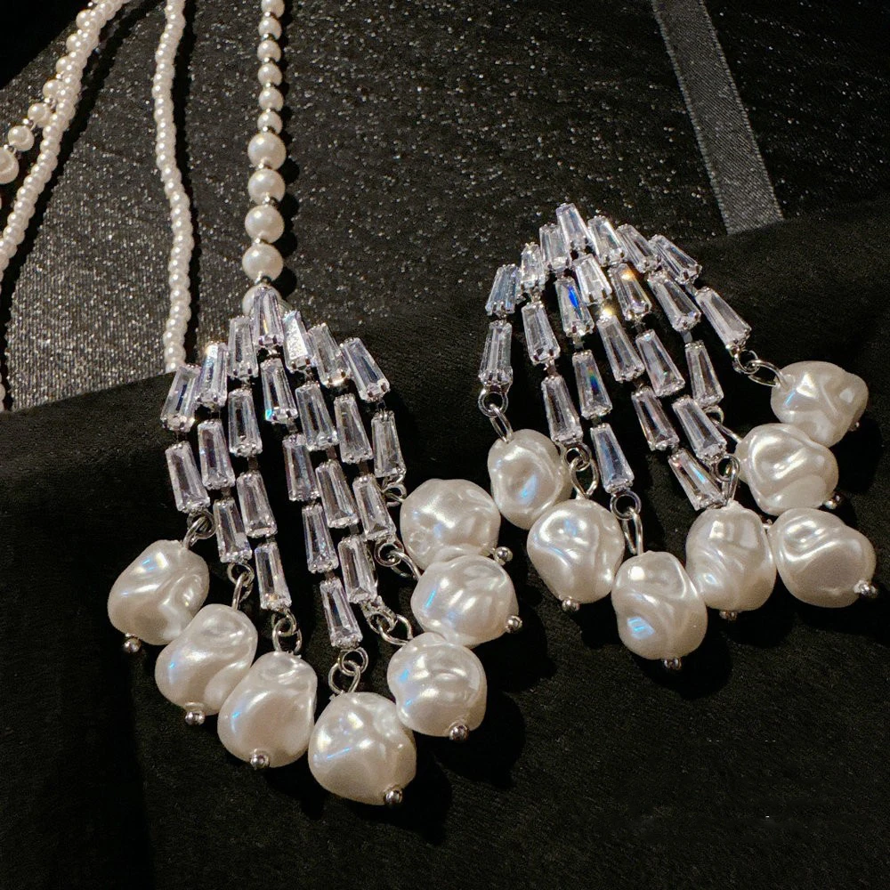 Elegant pearls shiny zircon earrings water drops Swaying tassels gentle girl ear accessory