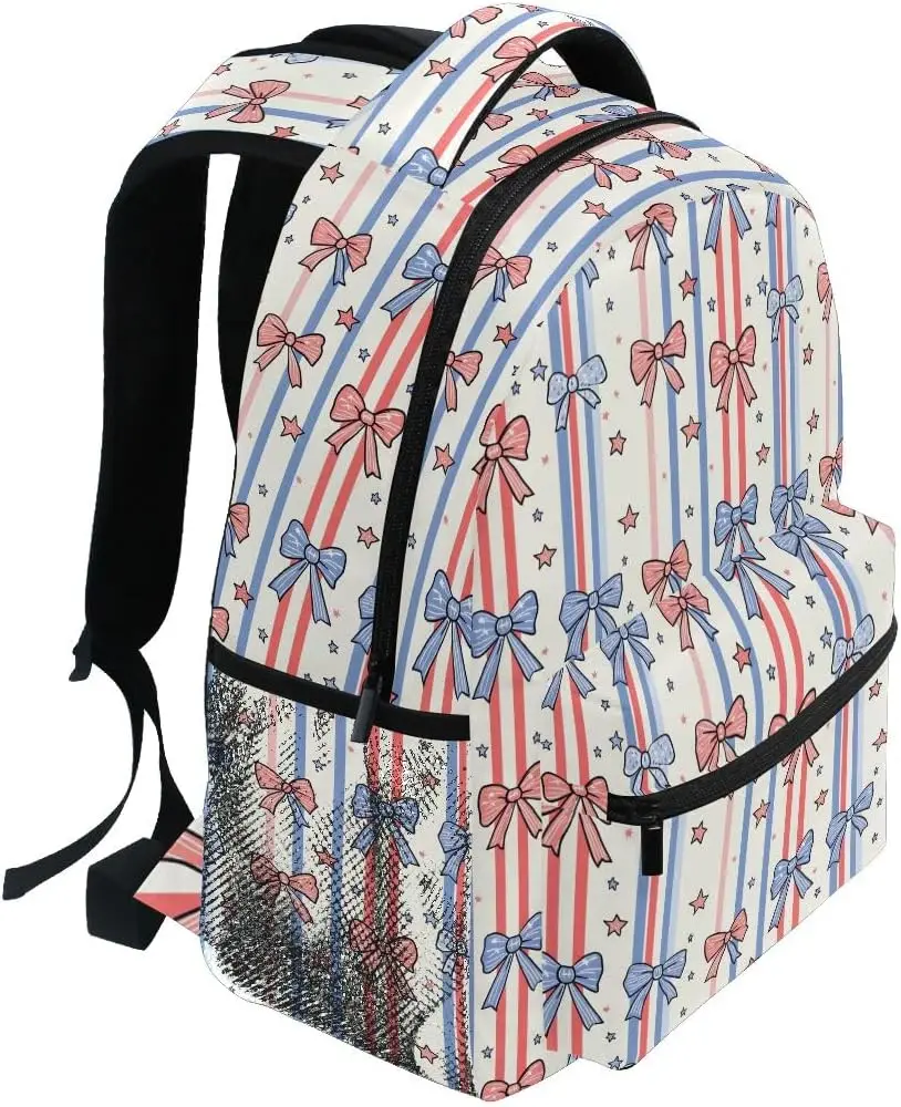 Red Blue Stripe Bow Star Print Backpack Patriotic Pattern School Bag Lightweight Casual Daypack For Students Travel Daily Use