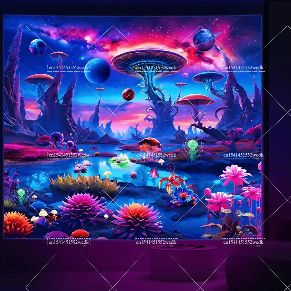 Galaxy Space Blacklight Tapestry UV Reactive Flowers Black Light Tapestry Neon Glow In The Dark Wall Art Decor Party Backdrops