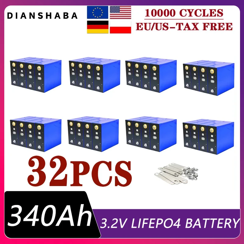 32pcs New A-Grade 340Ah 10000 cycle LiFePO4 3.2V rechargeable battery suitable for DIY 12V 24V RV electric vehicle solar system