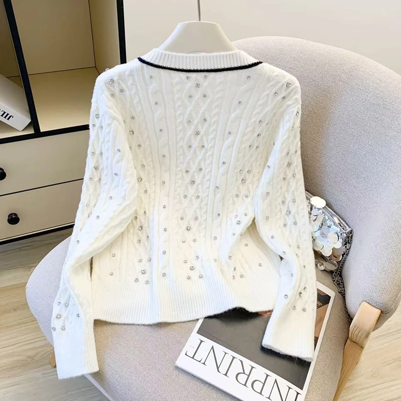 Knitted White Cardigan Women's Sweater Diamonds 2026 Fashion Autumn Winter Long Sleeve Tops Korean Kawaii Knitwear Sweater Coat