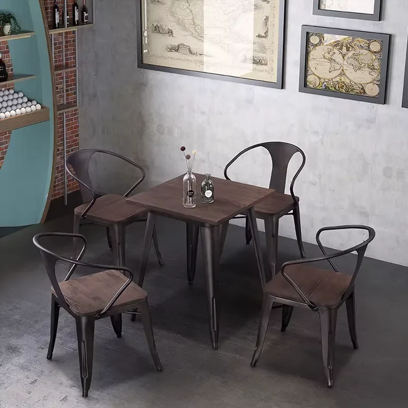 Antique Solid Wood Dining Table Set 4 Chairs Vintage Cafe Restaurant Furniture