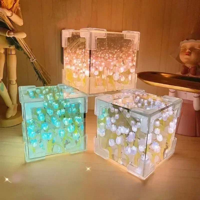 New Creative Diy Tulip Flower Sea Cube Three-Dimensional Small Night Lamp Material Package for Girlfriend Couple Girlfriends