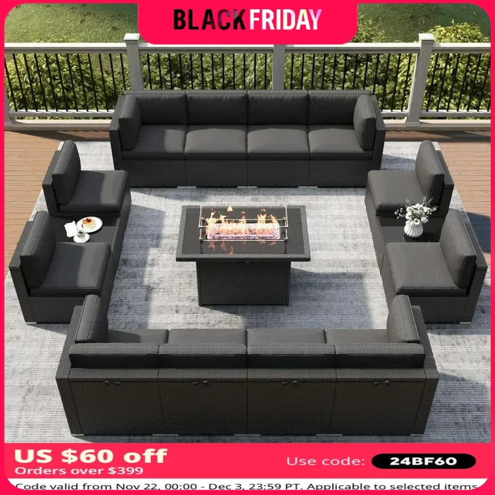 15 Piece Patio Furniture Set with Fire Pit Table, Outdoor Conversation Sets Wicker Rattan Sectional Sofa with Coffee Table