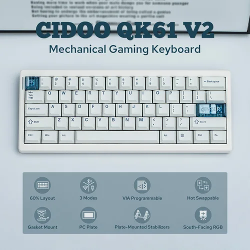 Imagen 2 del producto CIDOO QK61 V2 Estructura de junta 60% programable a través de teclado compacto inalámbrico/Bluetooth con cable de 2,4 GHz y LED orientados al sur