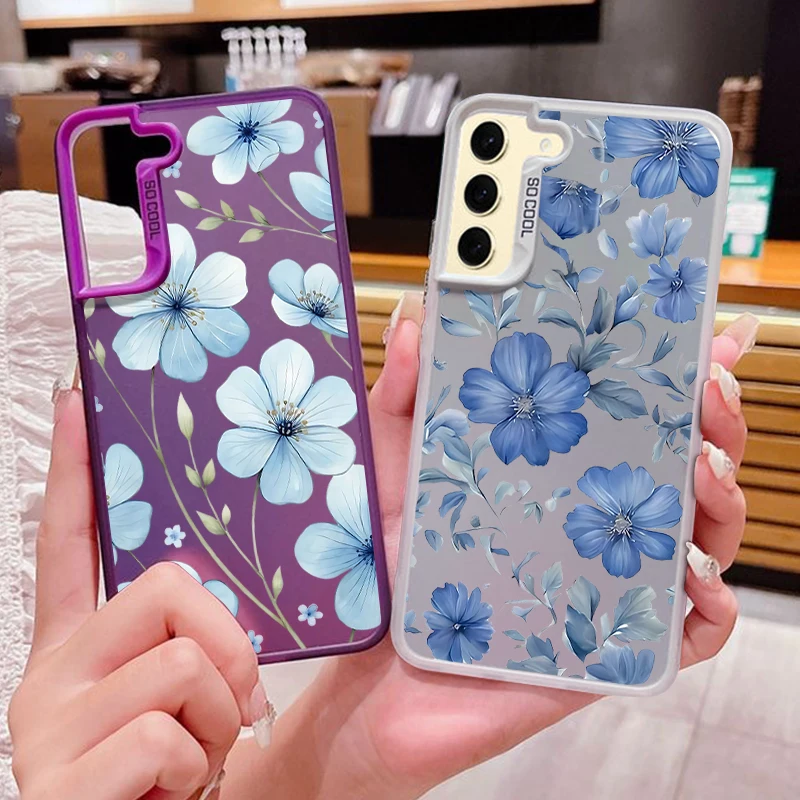 Blue Flowers Patterned Phone Case For Samsung Galaxy A55 A16 A15 5G A35 A25 A54 A34 A14 A53 A52 Shockproof Laser IMD Back Cover