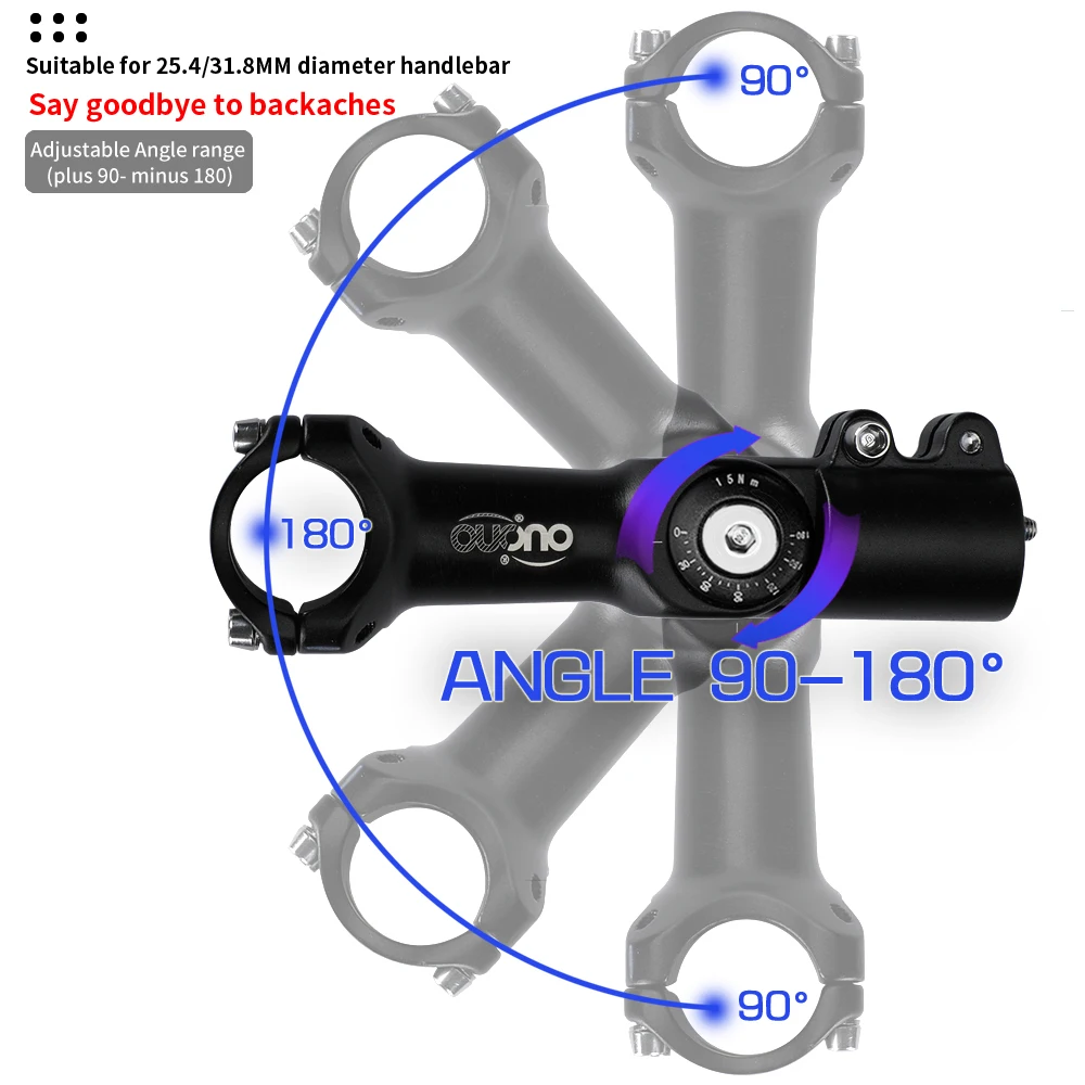 OUO MTB Adjustable Stem MTB Power Bike Table 90-180 Degree Bicycle Handlebar Extender 25.4/31.8mm Down Stem Extension Dual Lock