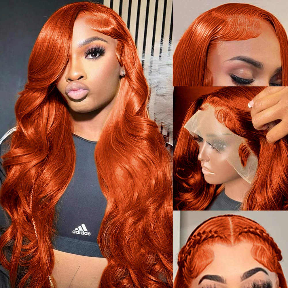 250 Density Body Wave Orange Ginger Hd Lace Wig 13x6 Pre plucked Glueless Colored Lace Front Human Hair Wigs For Women 30 34inch