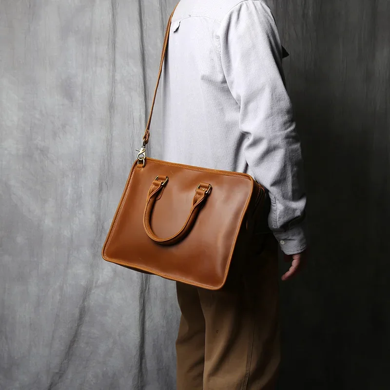 Retro Genuine Leather Men's Computer Bag  Crazy Horse Leather  Commuting Bag Top Layer Cowhide Single Shoulder Crossbody Bag