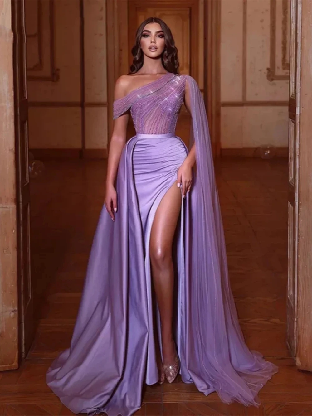 Sexy One Shoulder Prom Dress Shiny Sequins Beads Cocktail Gown Graceful Purple Satin Evening Dresses Customized Robe De Mariée