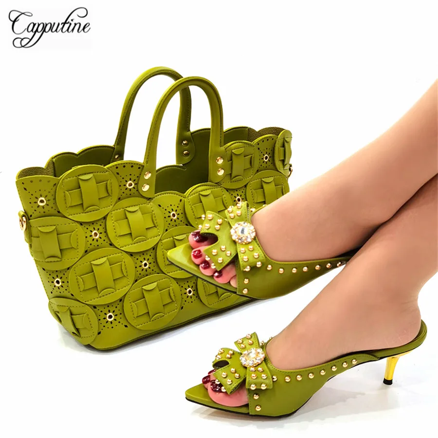 Yellow Women Shoes And Bag To Match Fashion Women Summer High Heels Slippers With Handbag Set Pumps Pantoufle Femme CR913