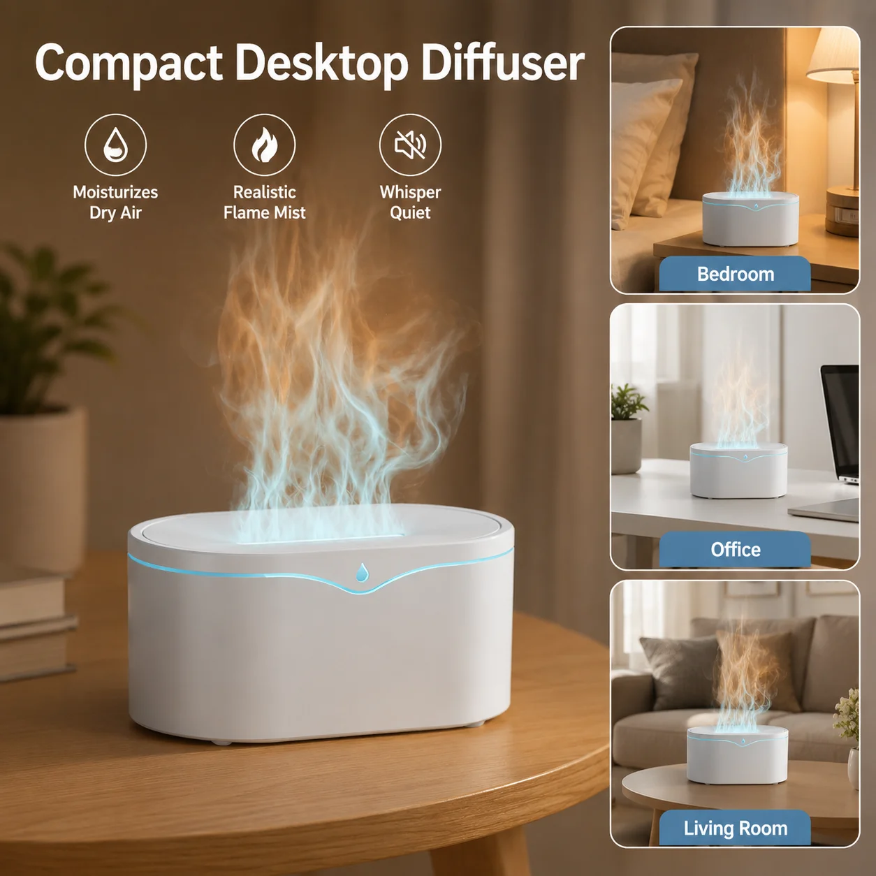 3D Flame Aroma Diffuser USB Ultrasonic Essential Oil Humidifier Mini Desktop Air Humidifier with Flame Effect for Home Bedroom
