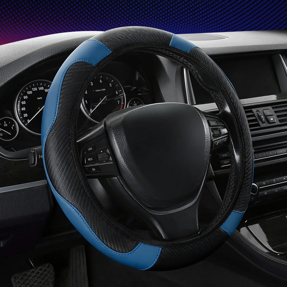 PU leather steering wheel cover with carbon fiber appearance and reliable grip for use in a wide range of vehicles