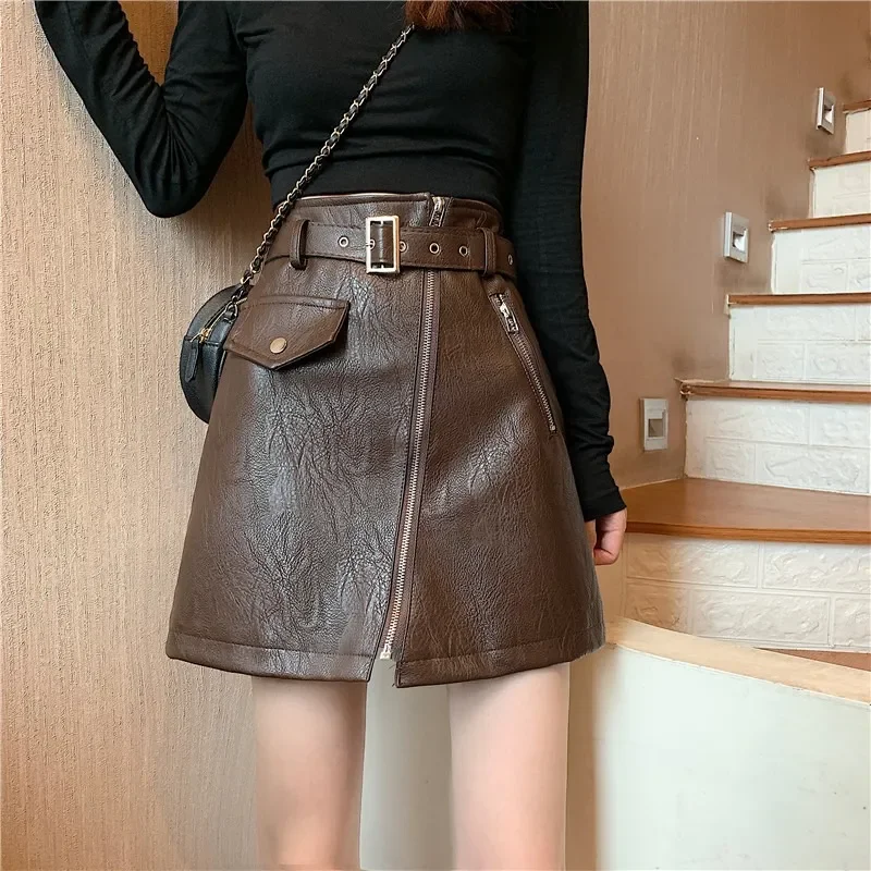 

Stylish Sashes Faux Leather A-Line Skirts Women's Clothing Solid Color Autumn Winter High Waist Zipper Asymmetrical Mini Skirts