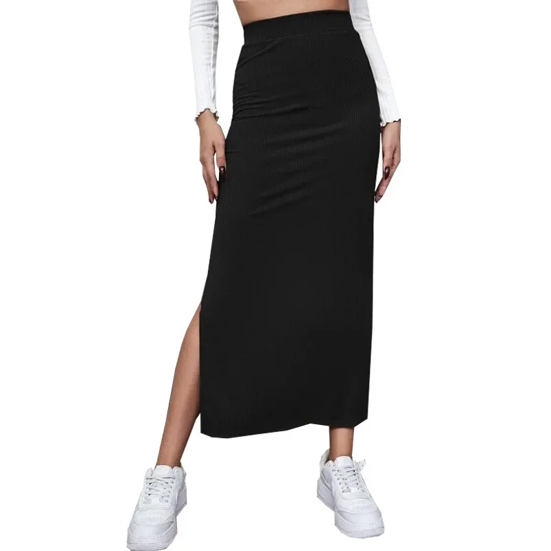 2024 Fall Winter New European American Women's Skirt Solid Package Hip Slit Long Skirt