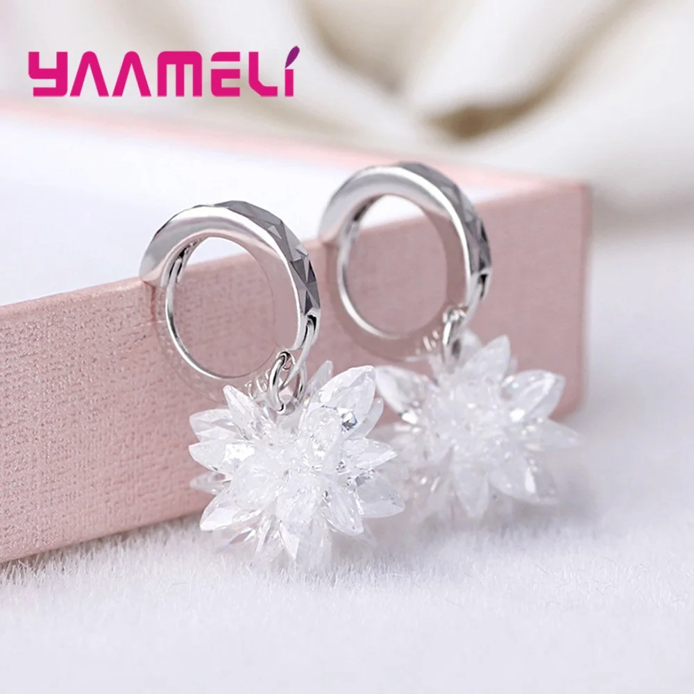Hot Sale 925 Silver Color Earring Dazzling White Cubic Zirconia Flower Original Design Smooth Hook Woman Lady Ear Pendientes