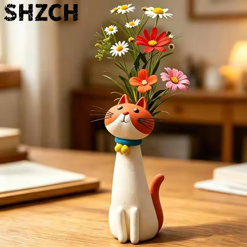 2 Jarrones de Resina con Forma de Gato, Adorno de Gato con Cuello Largo para Arreglos Florales, Decoración Floral para el Hogar