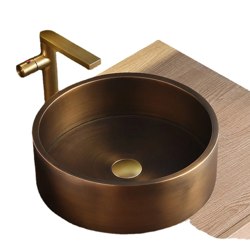 Antique Brass Stainless Steel Round 400 * 400 * 140mm Bathroom Wash Basin Luxury Modern Wash Basin Faucet Sink