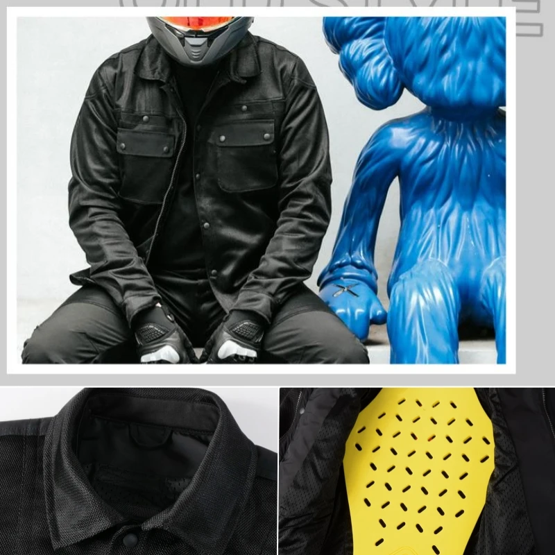 Men's Summer Mesh Motorcycle Jacket CE2 Shoulder Elbow Protectors + EVA Back Pad Breathable Retro Riding Gear Jacket S-6XL