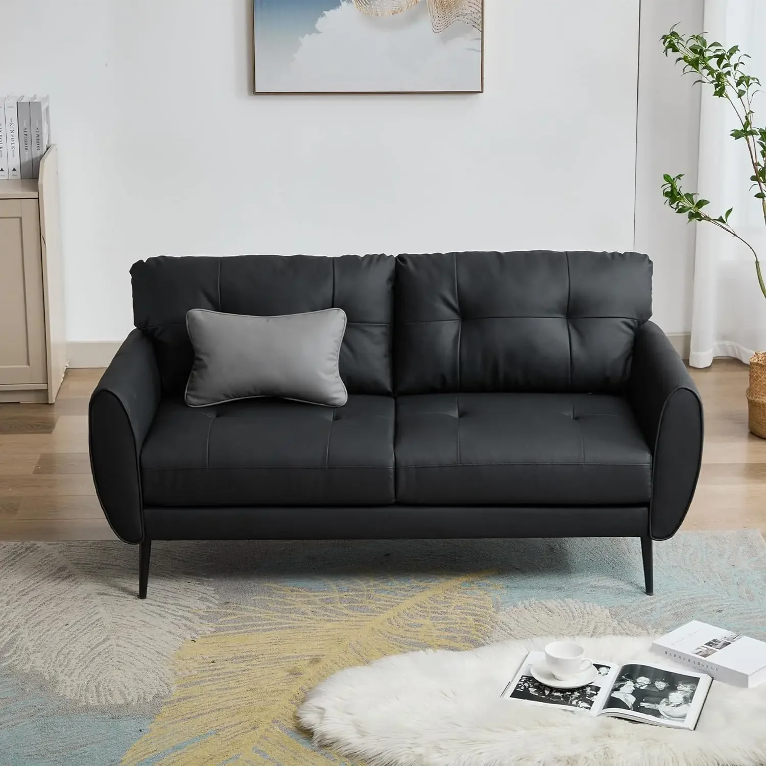 [Frete grátis! ]Sofá sofá 61 "pequeno loveseat sofás para sala de estar, sofá de couro sintético preto meados do século moderno tufado mini s
