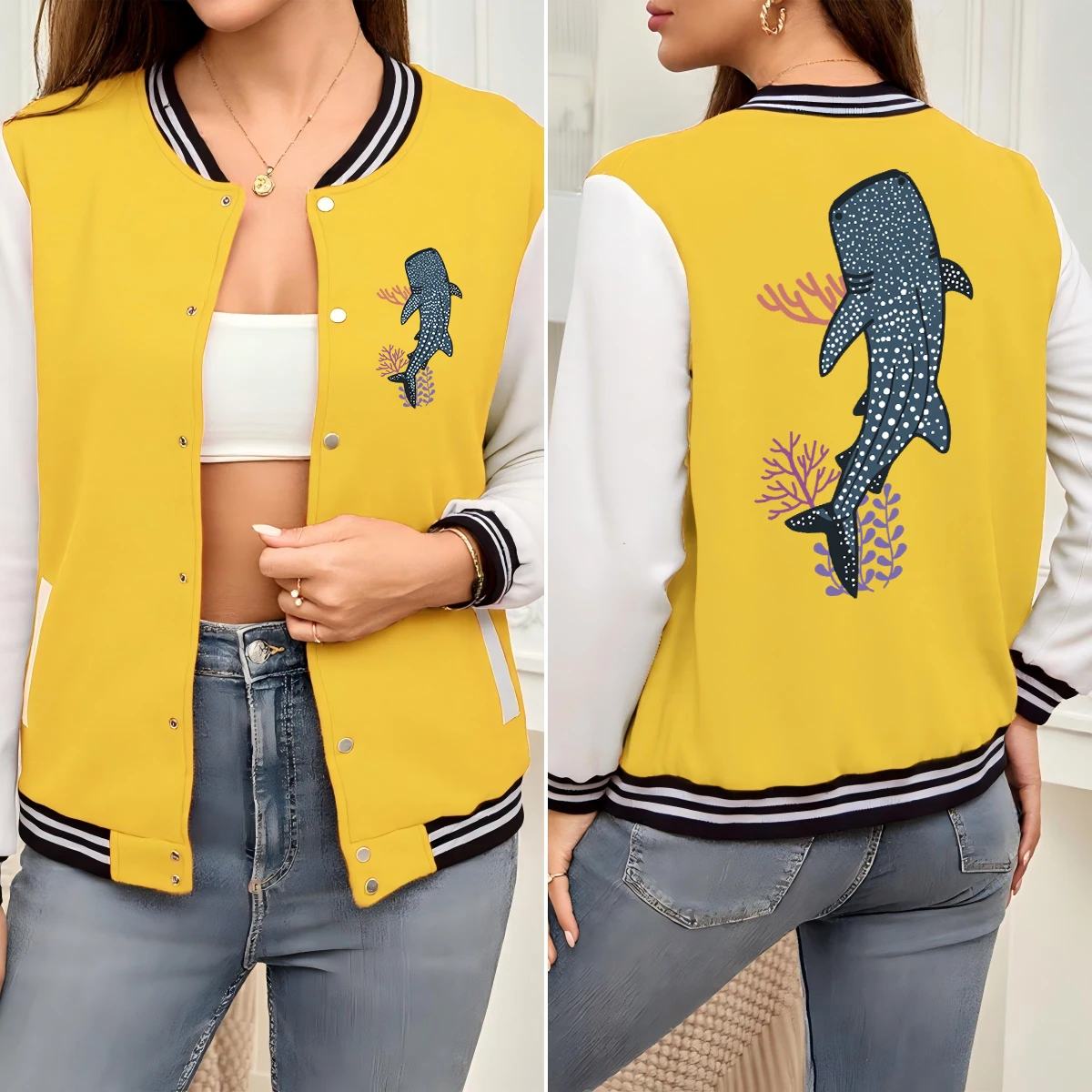 

Whales Swimming In The Deep Sea Prints Baseball Uniform Women Loose Pocket Clothing Colorful Jackets Autumn Cotton Streetwear