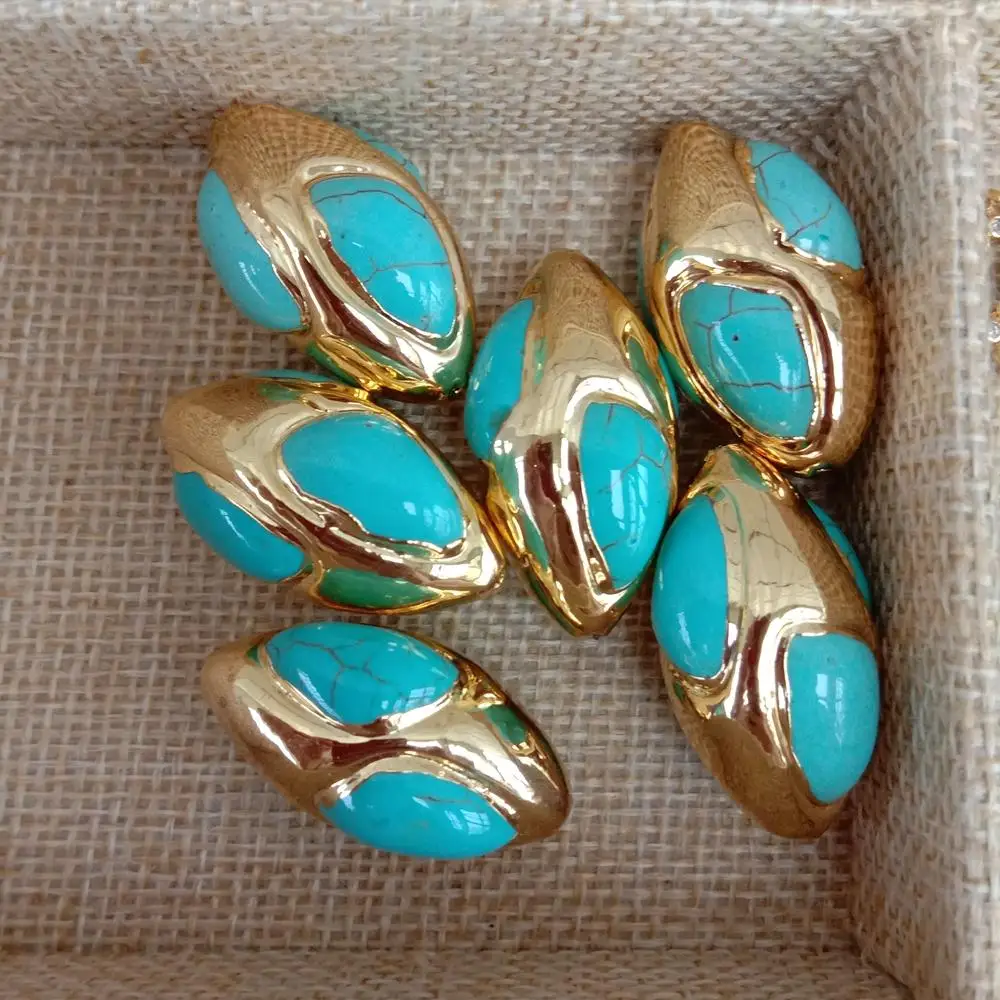 5pcs 19x32mm Olivary blue Turquoise Beads Gold Plated Beads Spacer Jewelry Making Findings