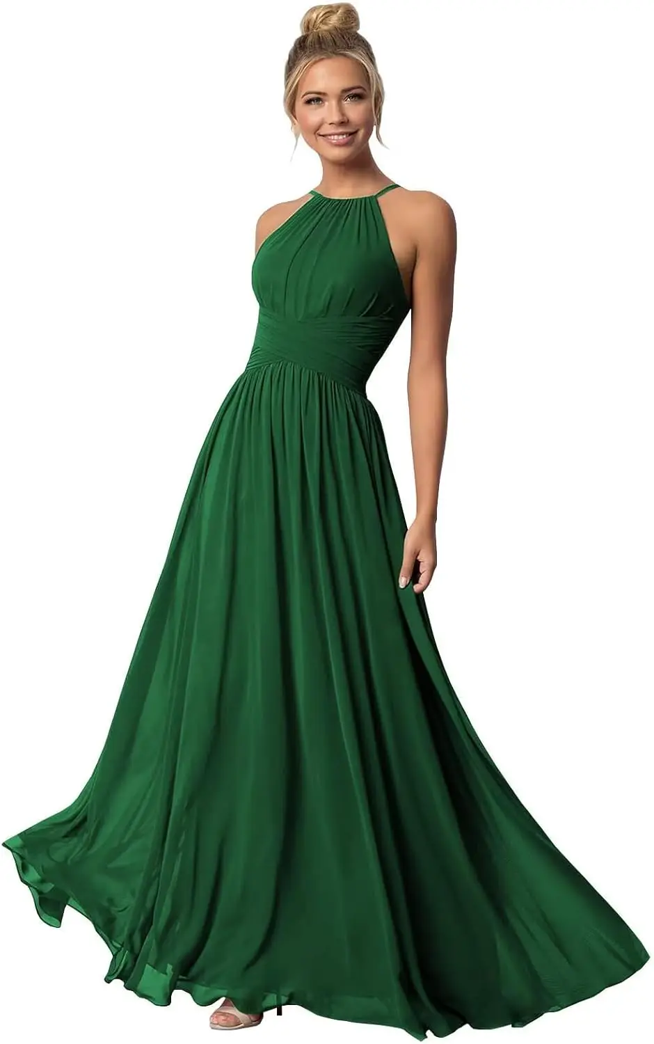 Abito da damigella d'onore appeso al collo con cinturino per spaghetti in chiffon, abito da festa lungo, abito da ballo a trapezio, abito da sera formale elegante da donna