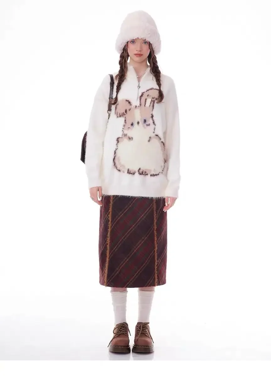 Cute Rabbit Anime maglioni donna ragazze giapponese Y2K Kawaii cappotti invernali capelli di peluche di alta qualità Pullover lavorato a maglia oversize allentato