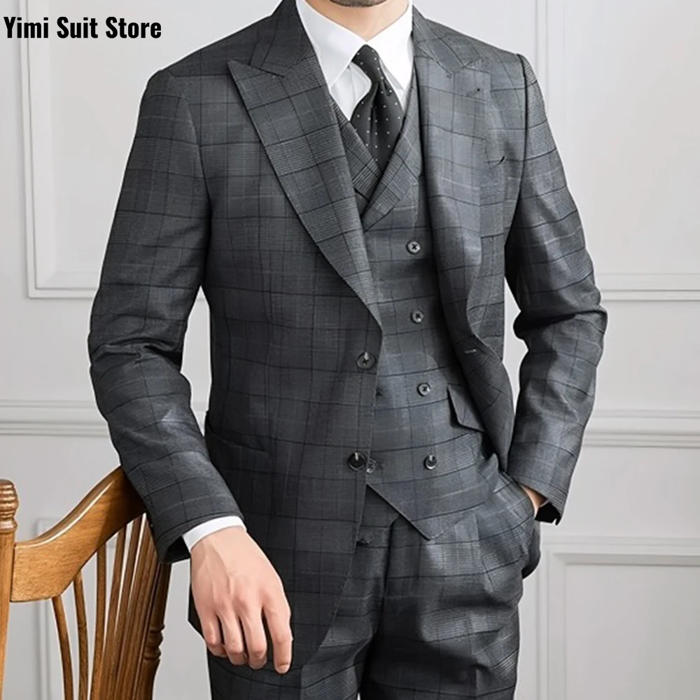 YiMinpwp Herrenanzug, 3-teiliges Set, kariert, klassische Anlasskleidung, formelle Hochzeit, Business-Anzug für Männer, Sets, Smoking, Jacke + Weste + Hose