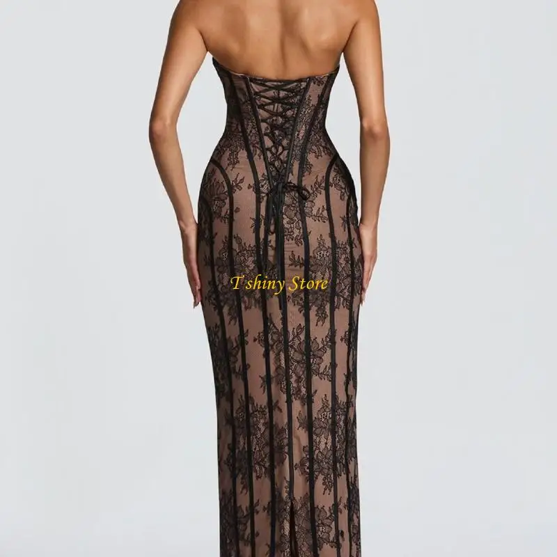 N58F – robe d'invitées mariage élégante en dentelle à fleurs pour femmes, sans bretelles, Corset à nouer dans le robe