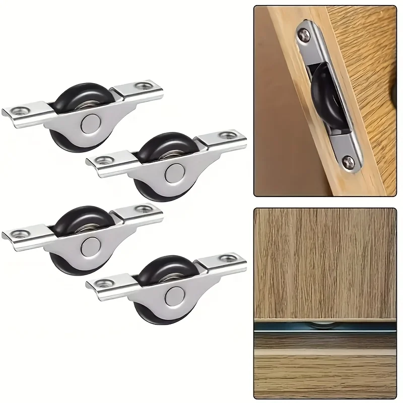 Kits de rieles para puertas correderas de Metal de alta resistencia, 4 Uds., con 4 ruedas de plástico negro, accesorios para puertas de gabinete fáciles de deslizar para un deslizamiento suave
