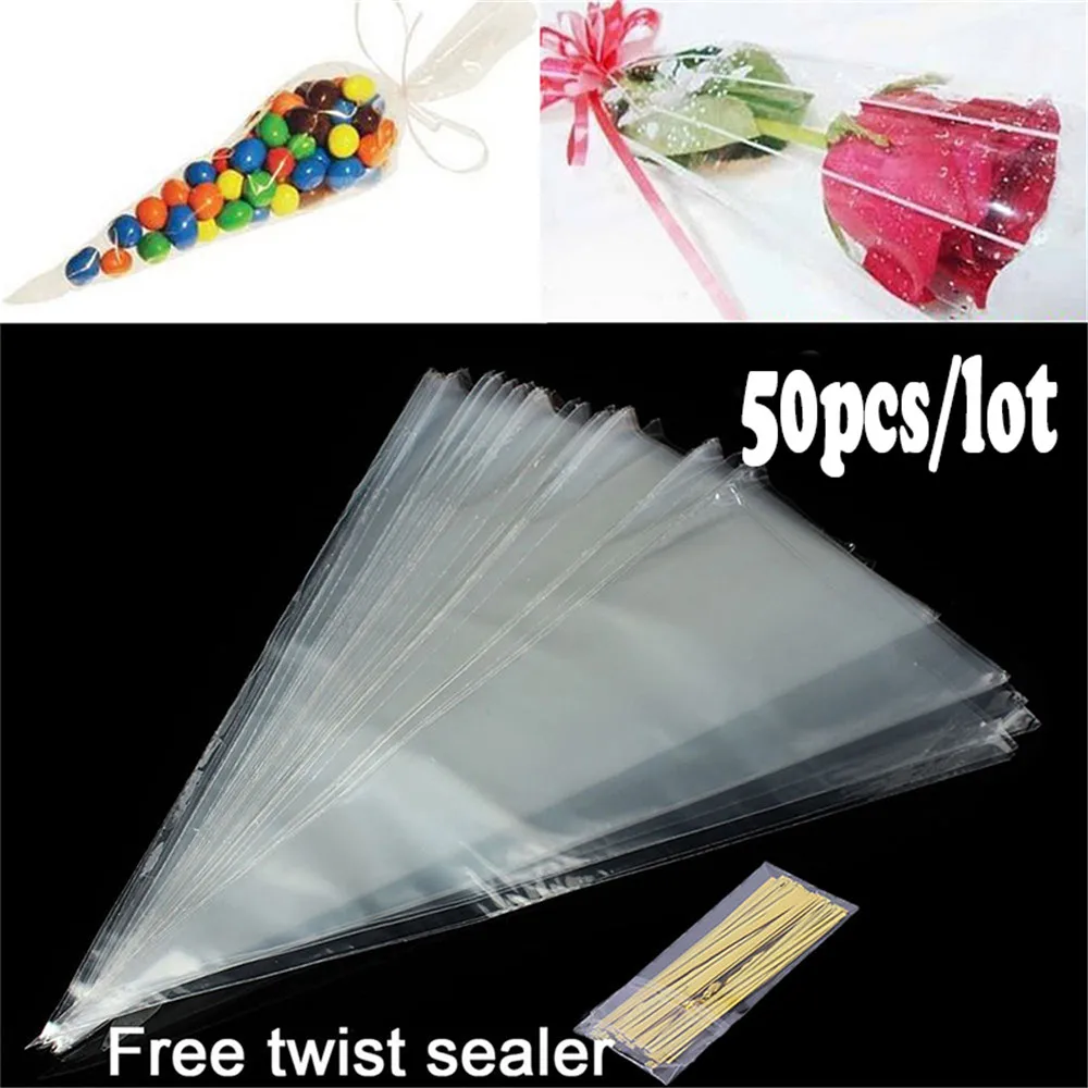 50pc Christmas Gifts Chocolate Wedding Party Popcorn Cone Sweet Box Halloween Candy Clear Cellophane Packing Bag with Twist Ties