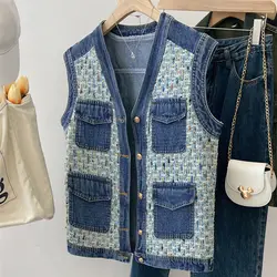 Xiaoxiangfeng Denim Vest Women's V-neck Sleeveless New Trendy 2024 New Spring Autumn Casual Fashion Pocket Button Cardigan Tops