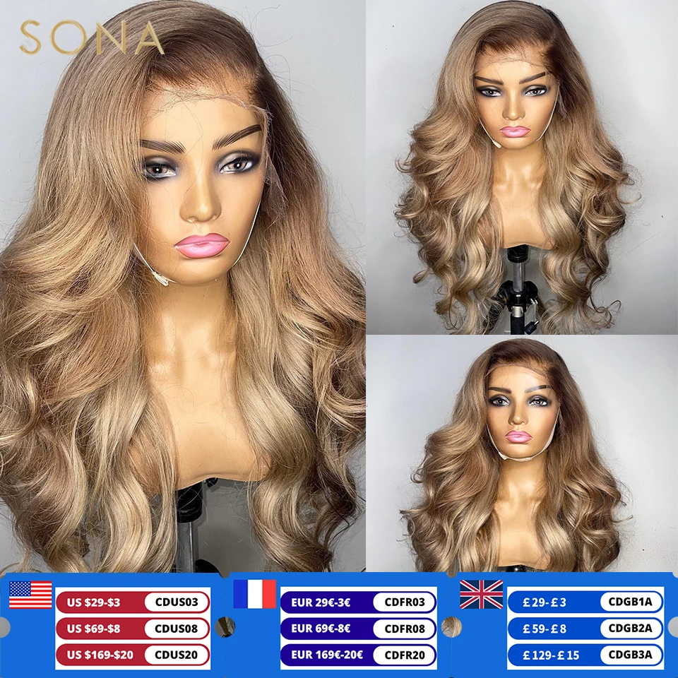 Perruque Lace Frontal Wig naturelle, cheveux humains, pre-plucked, ombré, blond miel, 13x6, avec racines brunes, HD