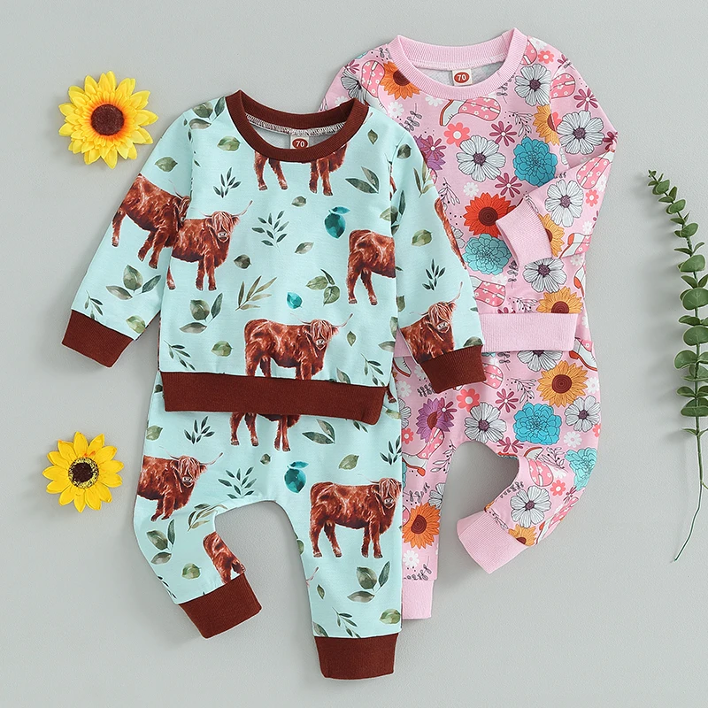 2023-08-24 Lioraitiin 0-3Y Toddler Boys Girls Western Clothes Sets 2pcs Flower/Cow Head Print Sweatshirt Elastic Waist Pants