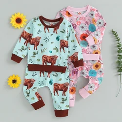 2023-08-24 Lioraitiin 0-3Y Toddler Boys Girls Western Clothes Sets 2pcs Flower/Cow Head Print Sweatshirt Elastic Waist Pants