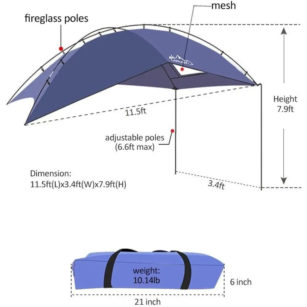 Portable Teardrop Trailer Awning for Car, SUV, Camping - 4 Person Sun Shelter Tent (Blue)