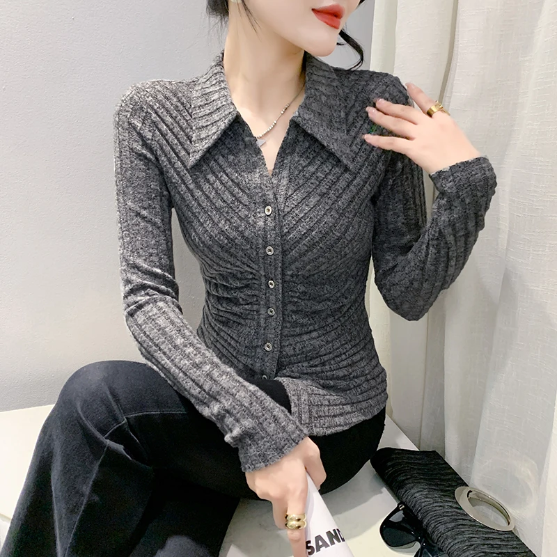 Black Korean Style Thick T-Shirt Sexy Lapel Single Breasted Blouse Draped Women's Tops Long Sleeve Slim Tees 2024 New 4100801