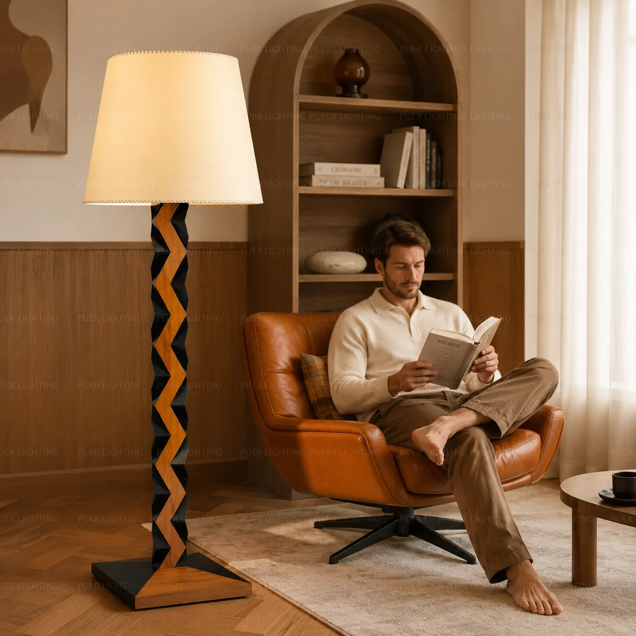 Natural Real Wood Floor Lamp with S Cluster Pull Chains Dual Switch,Wood Base Standing Lamp,Rustic Tall Lamp with Linen Shade