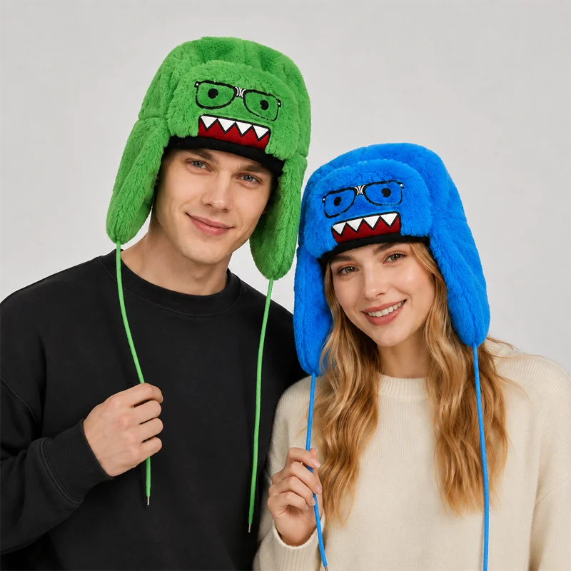 Cute Plush Animal Hat Fuzzy Earflap Cap Warm Winter Trapper Hat Cartoon Monster Design Soft Fur Beanie Unisex