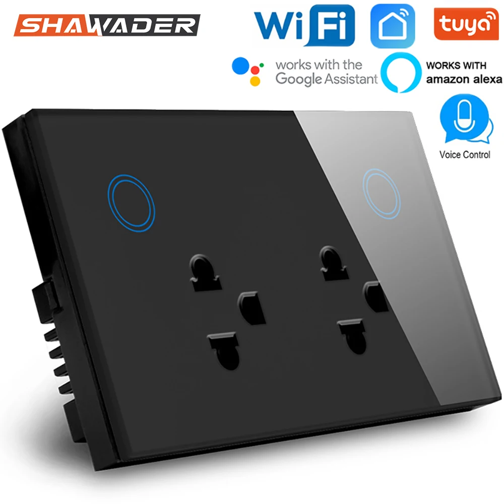 WIFI Smart 3 Pin Double Socket 10A Touch Glass Panel Thailand Outlet Voice Remote Control Tuya Smartlife APP Alexa Google