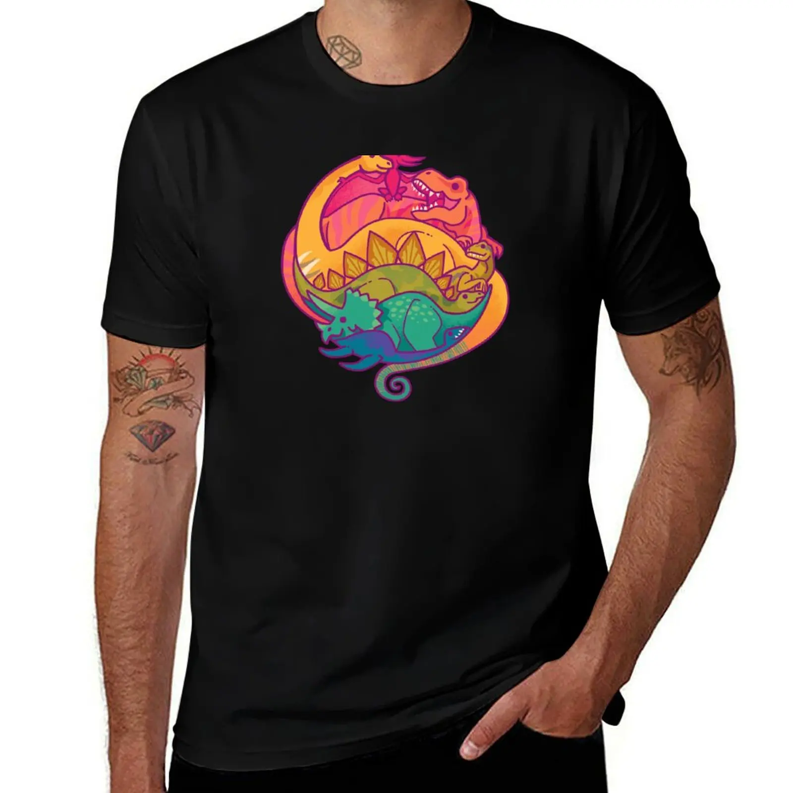 Dino Rainbow T-Shirt Work Utility Casual Tee Shirt