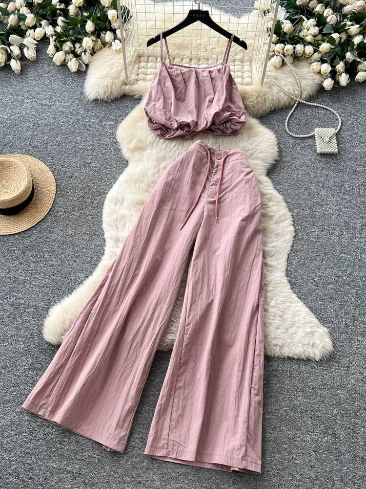 

Pink High Waist Wide Leg Pants Slim Fit Two Piece Set Commute Style Women's Summer Top Bottom Ensemble Fashionable Outfit