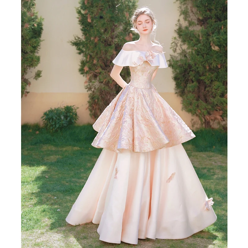 18080#Elegant A-Line Off-Shoulder Floral Formal Evening Dress Detachable Sleeves Back Lace-Up Layered Princess Prom Gown