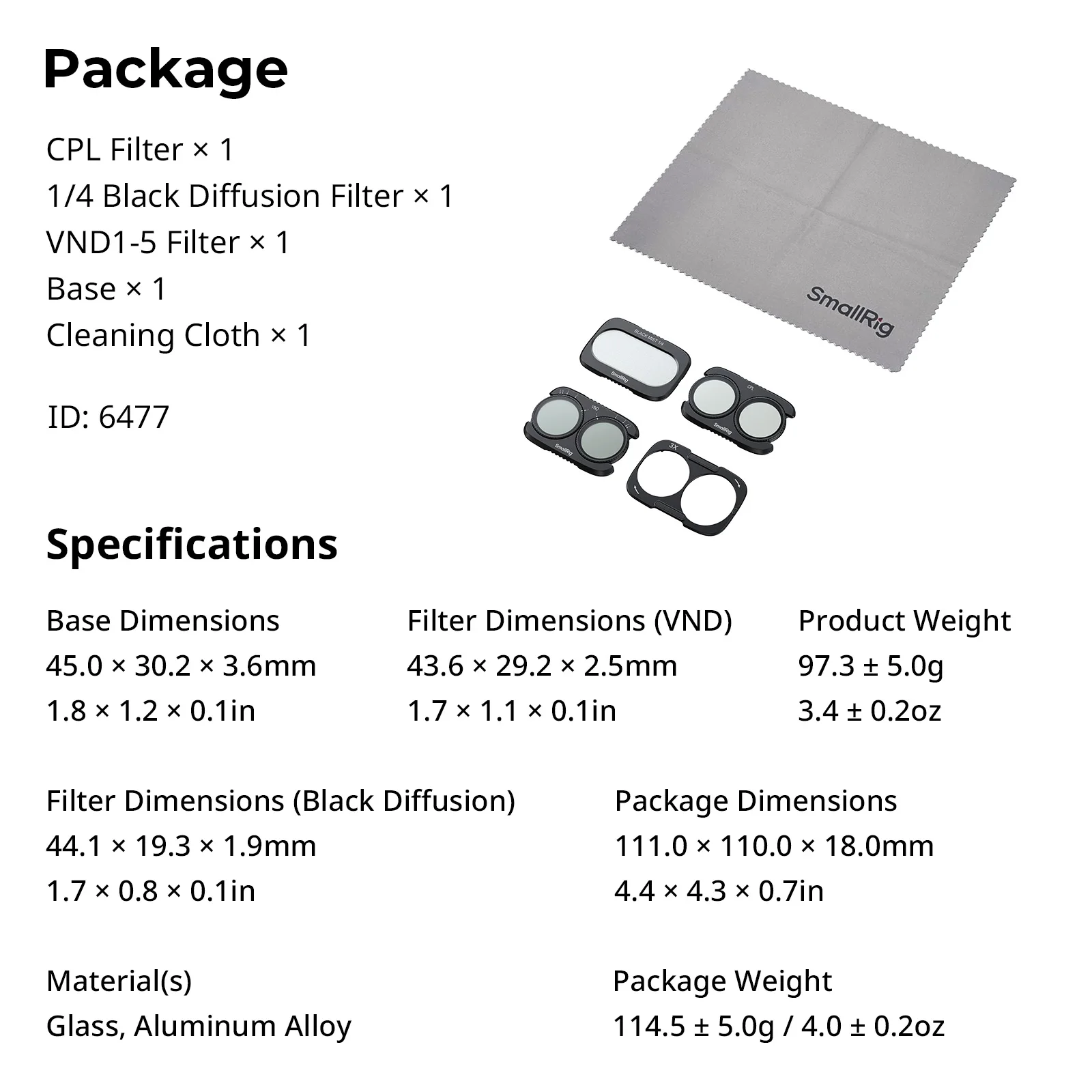 SmallRig Split Filter Kit voor DJI Osmo Pocket 4P met CPL / 1/4 Black Diffusion / VND1-5 Filter Base Glas Multi-Layer Coatings