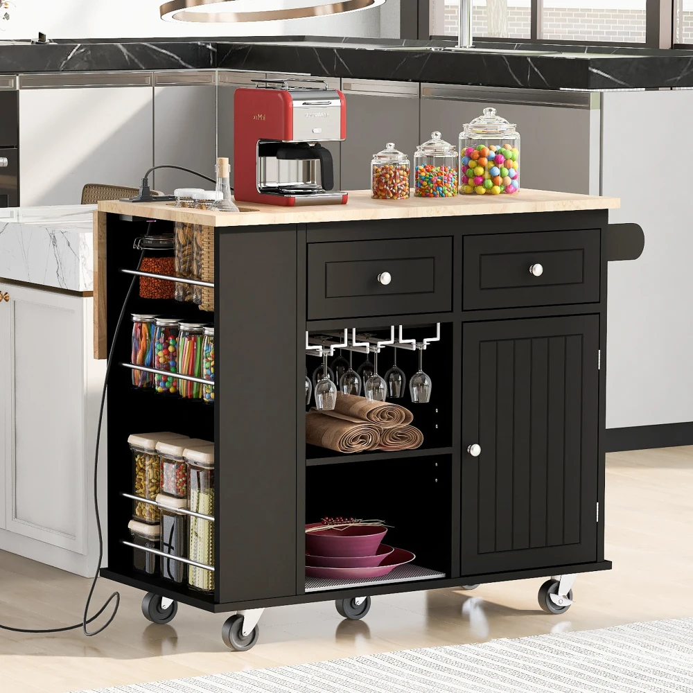 Kitchen Island with Power Outlet,Kitchen Storage Island,Open Storage and Wine Rack,5 Wheels,for Home, Kitchen, Dining Room,Black