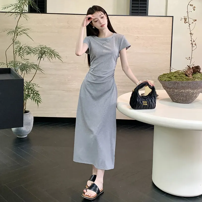 2025 夏の新韓国半袖 Tシャツドレスロングドレス女性カジュアルファッションスウィーティー気質スカート美少女