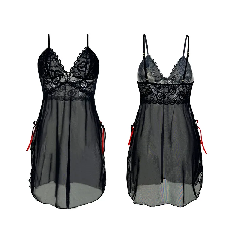 Women Black Heart Lace Mesh Chemise Spaghetti Strap Pearl Decor Side Drawstring Sheer Mesh Short Night Slip Dress Elegant Z6VF