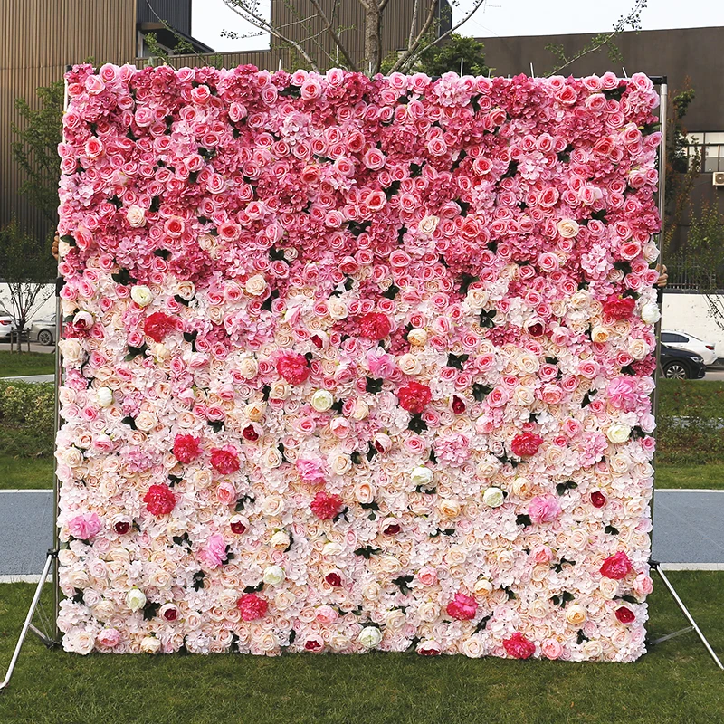 3D Pink cream white Gradient Color flower with butterfly orchid roll up artificial floral wall for wedding backdrop